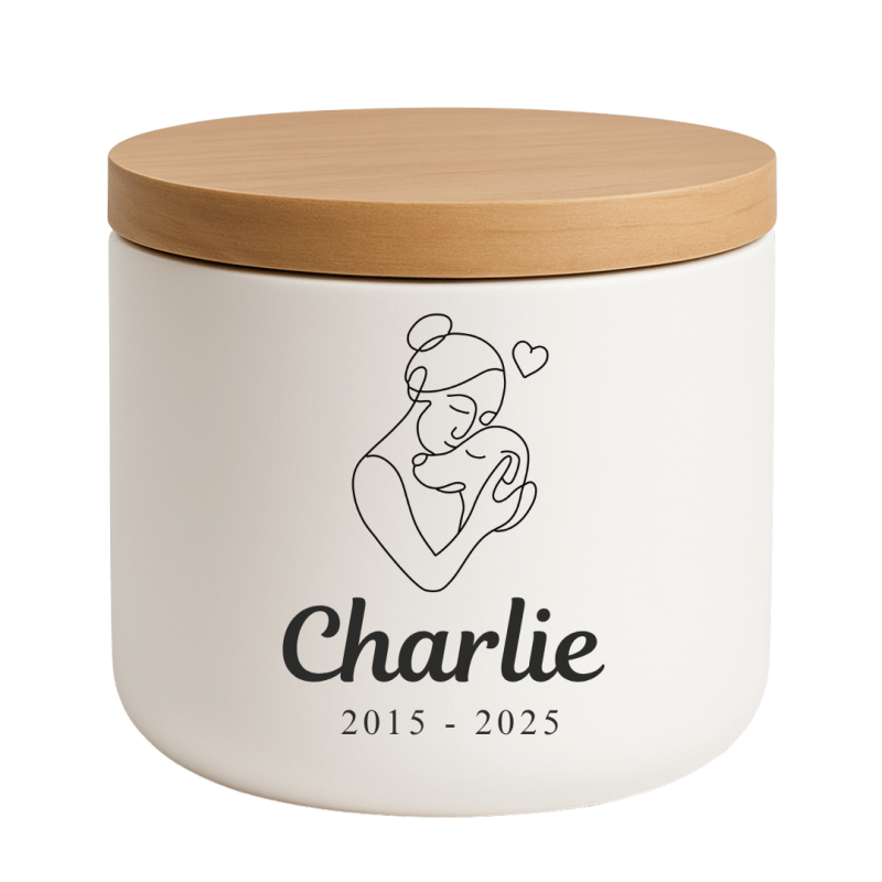 Urne funéraire pour chien personnalisée en céramique avec illustration femme & chien – Urne pour animal avec nom & dates