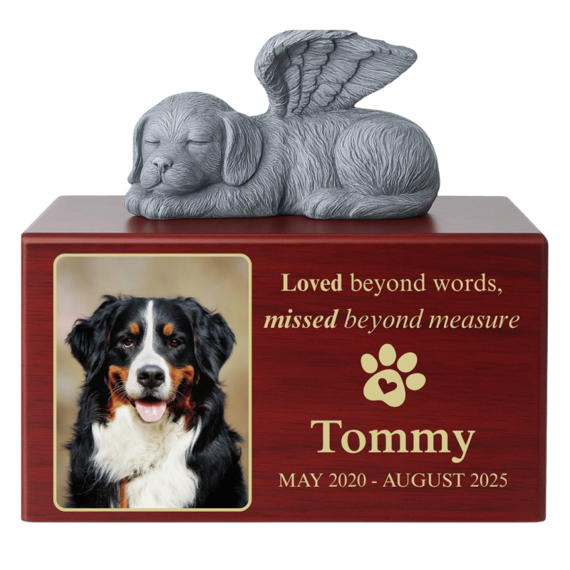 Urne funéraire pour chien en bois personnalisée​ avec statue chien ange – Urne pour cendres avec photo, nom, dates & message