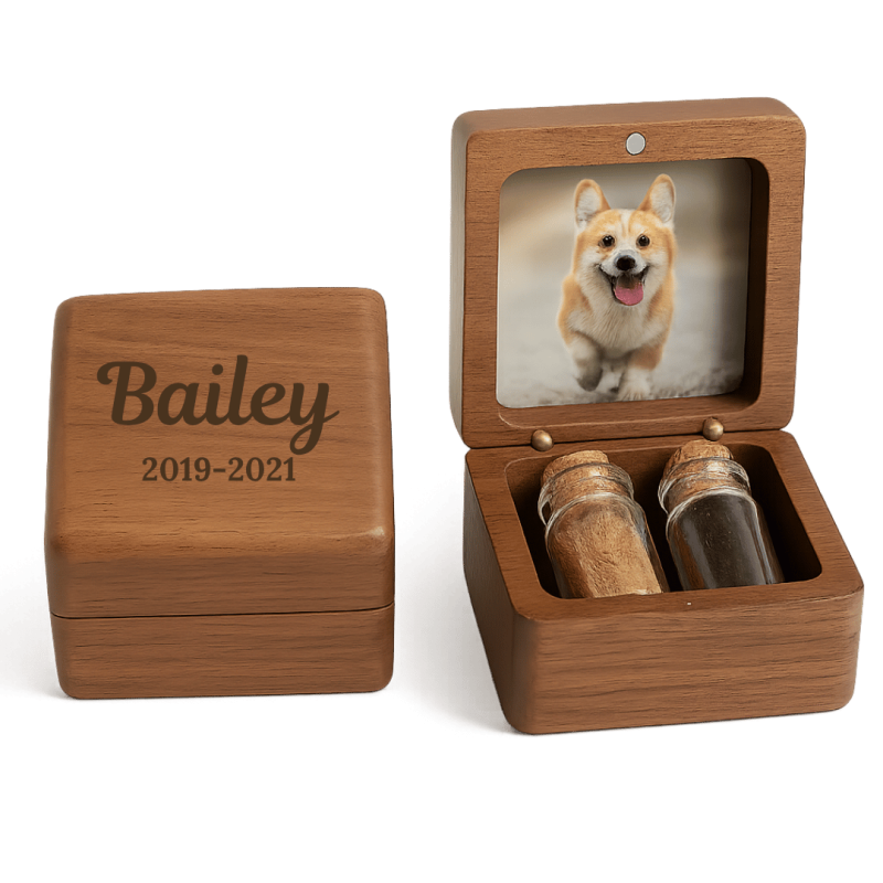 Coffret souvenir en bois pour chien personnalisé avec 2 fioles en verre pour cendres et poils, avec photo, nom & dates