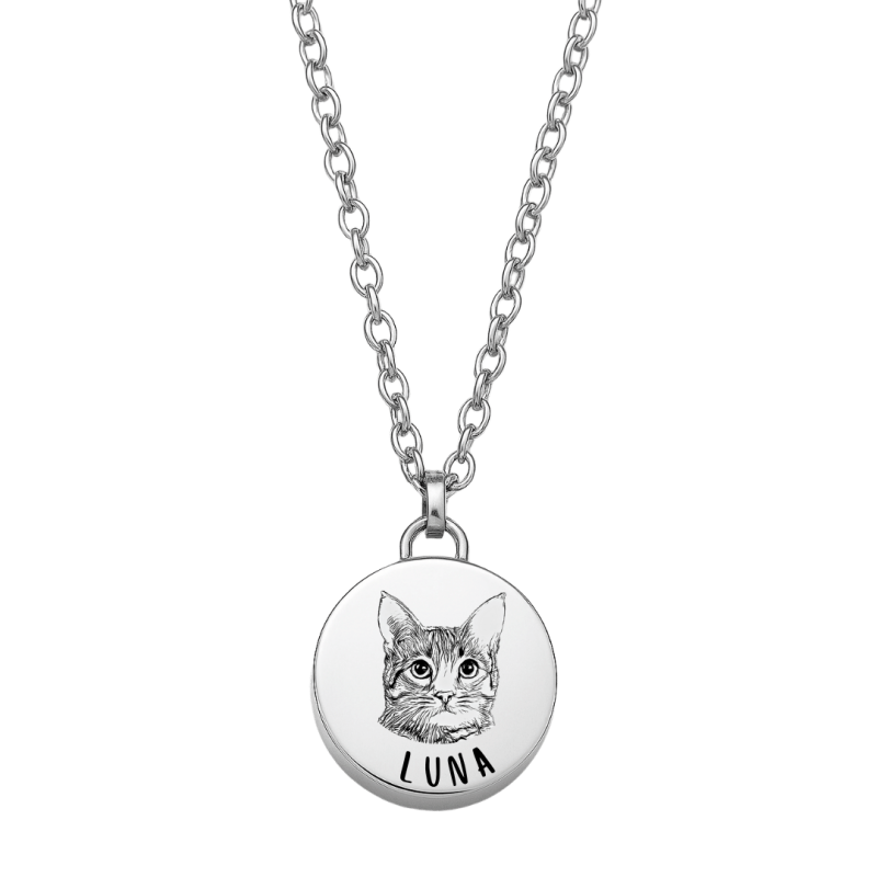 Collier urne funéraire pour cendres de chien rond personnalisé – Bijou commémoratif avec nom & dessin d’après photo gravés