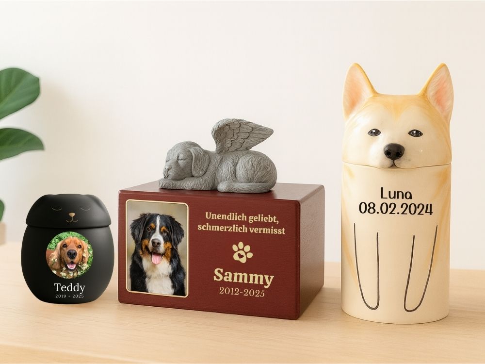 Drei Hundeurnen auf einem Tisch für Teddy, Tommy und Kobe, die verschiedene Stile und Größen für Tierasche und Erinnerungsstücke zeigen.