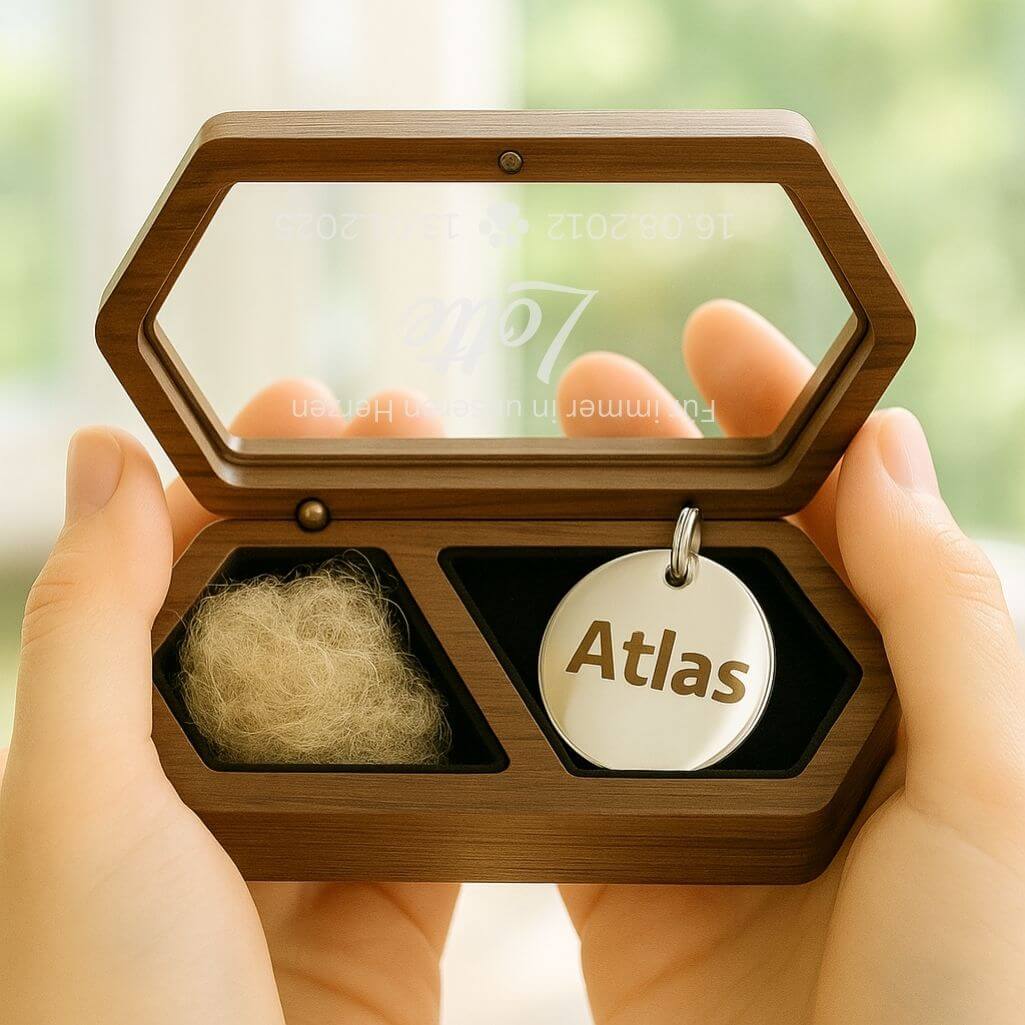 Personalisierte Holzbox mit Mini-Pfotenmotiv –  Andenken an Hund graviert mit Namen, Daten & Widmung