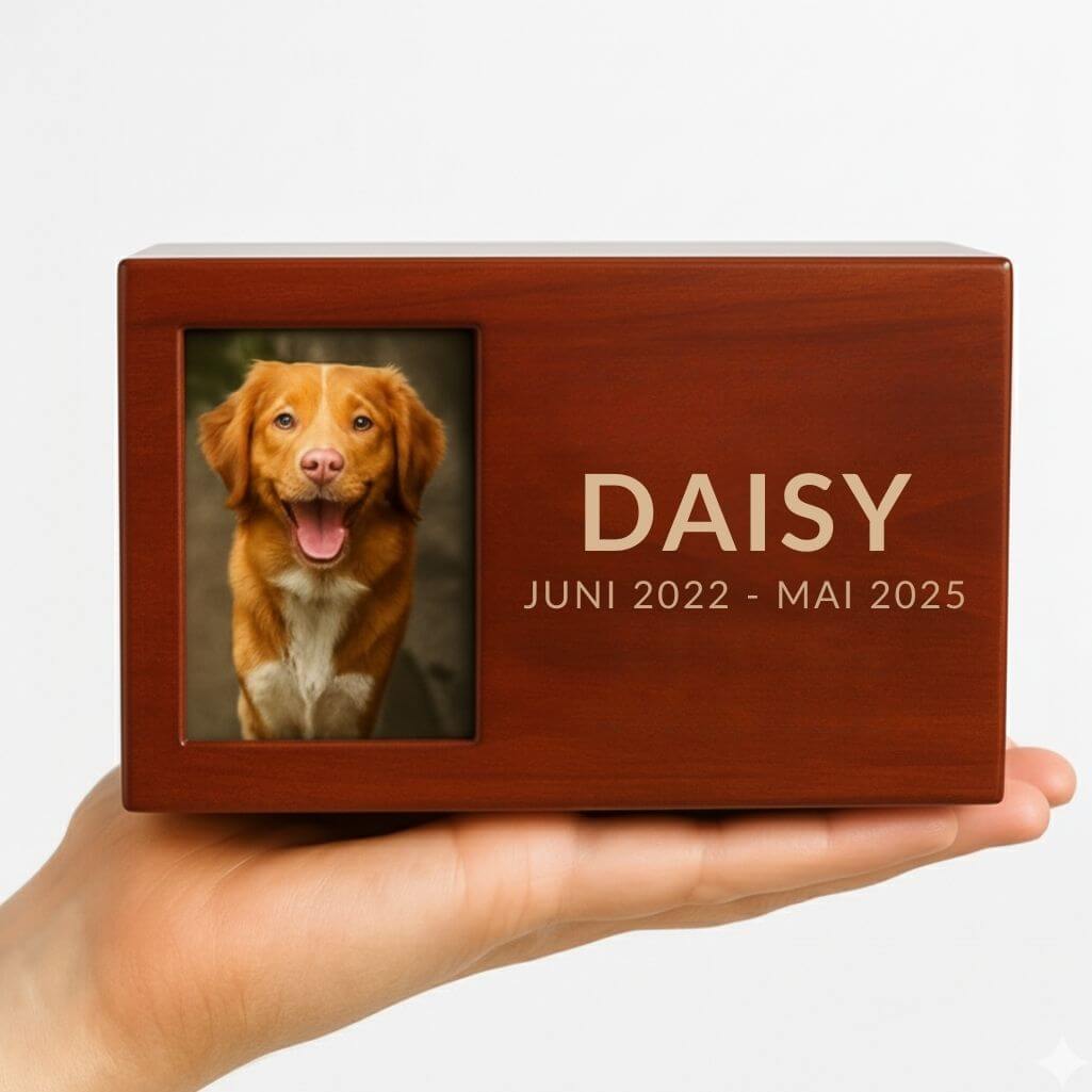 Personalisierte Holz-Hundeurne mit Foto – Urnenbox mit graviertem Namen & Daten