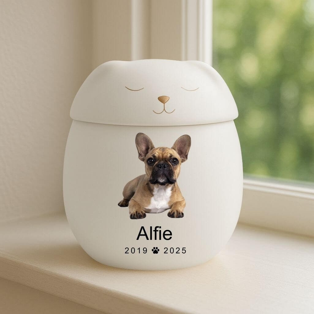 Personalisierte Keramik-Hundeurne mit Tierfigur-Deckel – Tierurne mit Foto, Name & Daten