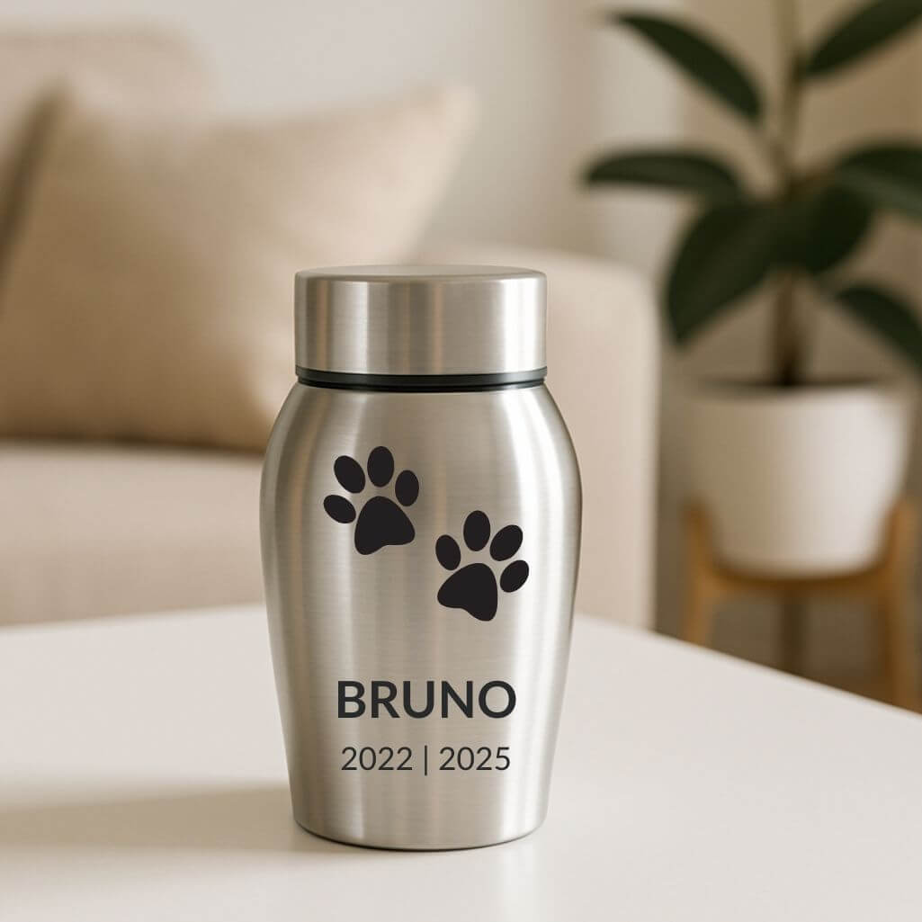 Personalisierte Edelstahl-Hundeurne mit Namen, Daten & Pfotenabdruck-Design