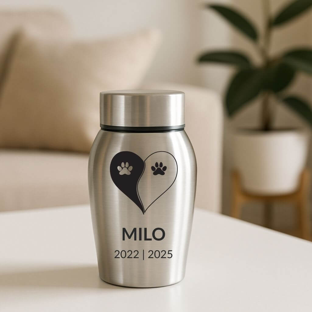 Personalisierte Edelstahl-Hundeurne mit Namen, Daten & Yin-Yang-Design