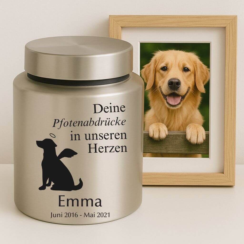 Personalisierte zylindrische Edelstahl-Hundeurne mit Engelshund-Design, Namen, Daten & Widmung