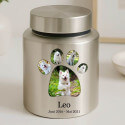 Personalisierte zylindrische Edelstahl-Hundeurne mit Fotos im pfotenförmigen Rahmen, Namen & Daten