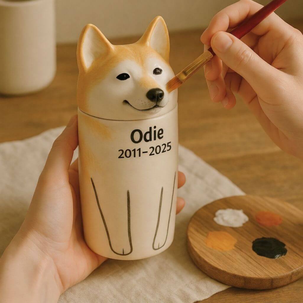 Personalisierte handgefertigte Tierurne aus Keramik nach Rasse – Gedenkurne mit gemaltem Porträt & offenen Augen