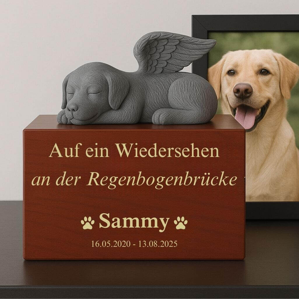 Personalisierte Boxurne mit Engelshund-Statue – Tierurne aus Holz mit Namen, Daten & Widmung