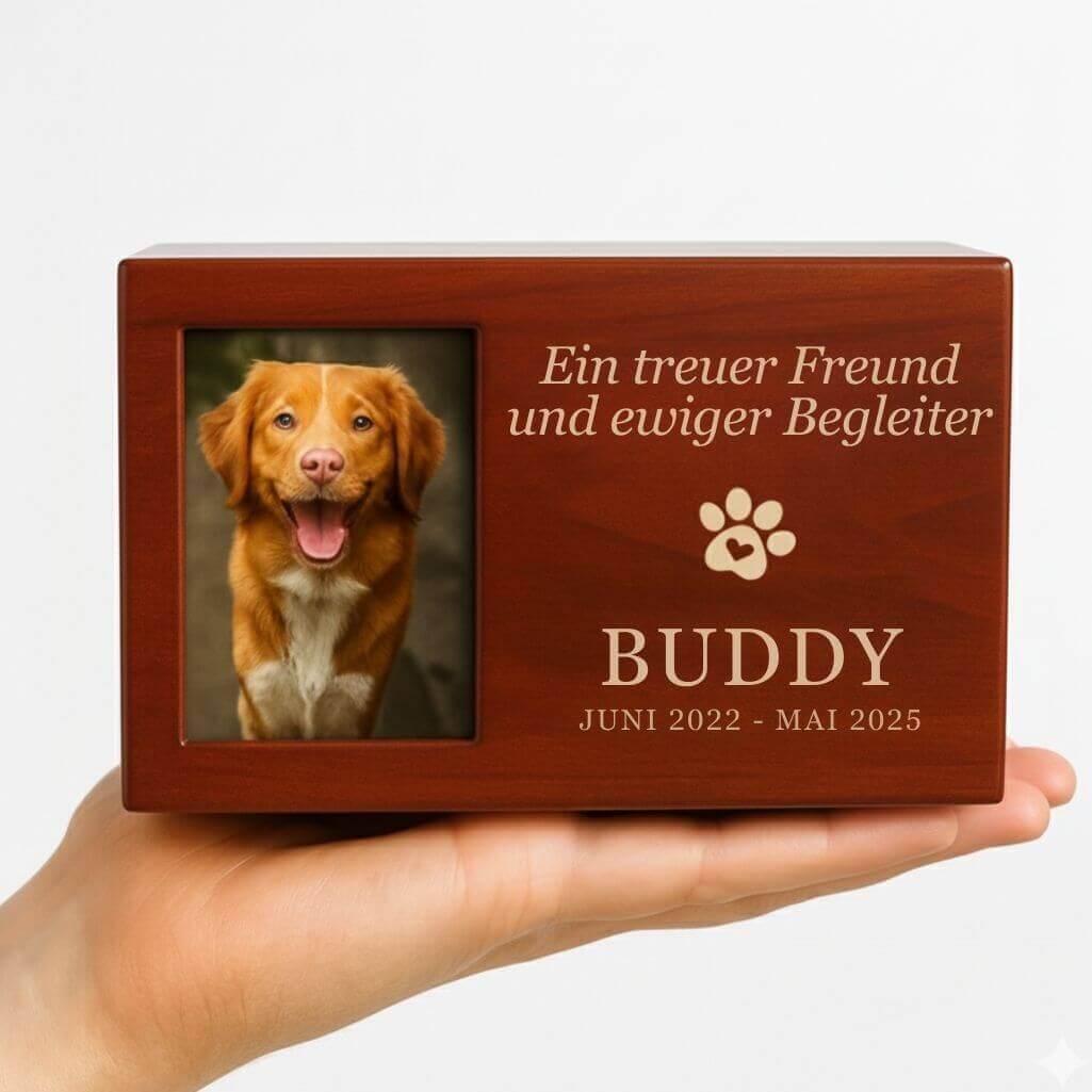 Personalisierte Holzbox-Hundeurne mit Foto – Gravierte Gedenkbox mit Namen, Daten & Widmung