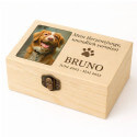 Personalisierte helle Holzbox-Hundeurne mit Foto – Gedenkbox mit Widmung, Namen & Daten