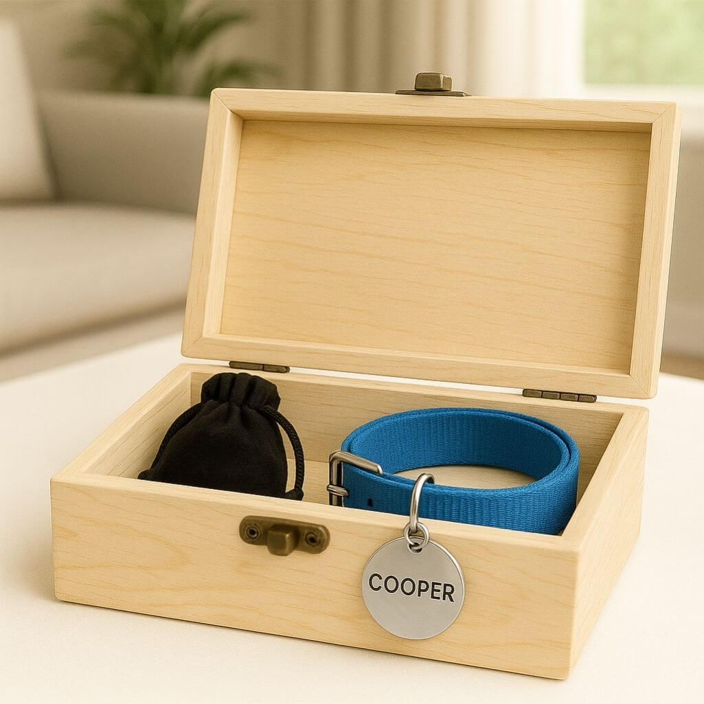 Personalisierte helle Holzbox-Hundeurne mit Foto – Gedenkbox mit Widmung, Namen & Daten