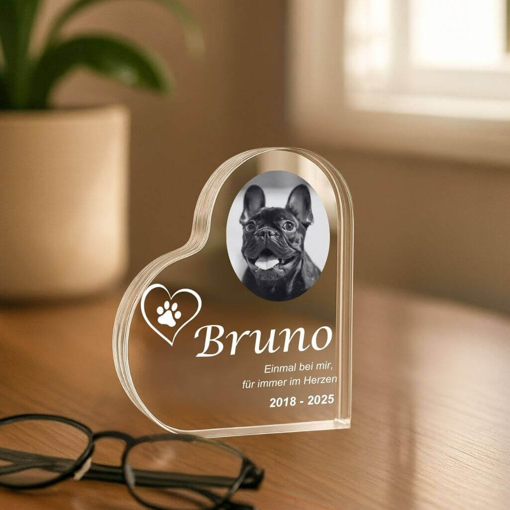 Personalisiertes Hunde-Foto-Gedenkgeschenk – Herzförmige Acryl-Gedenktafel für Hunde mit graviertem Namen, Daten & Widmung