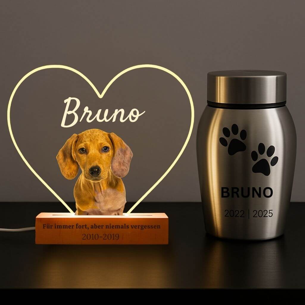 Personalisierte Gedenkleuchte mit Foto – Herzförmige LED-Gedenktafel für Hunde aus Acryl mit graviertem Namen & Daten