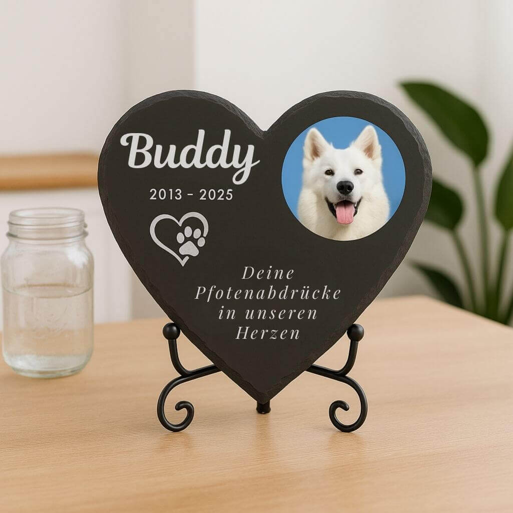Personalisierte herzförmige Schiefer-Gedenkplakette – Grabstein für Hunde mit Foto, graviertem Namen, Daten & Widmung
